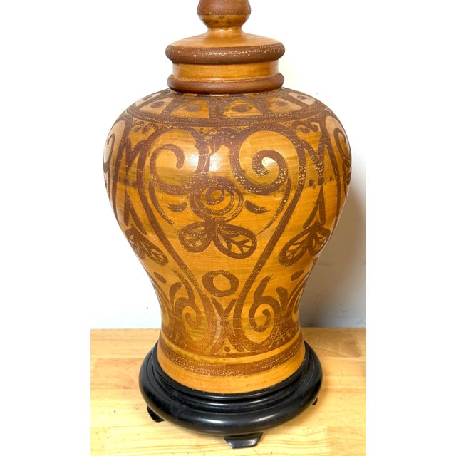 Wood Pair Italian Mid-Century Slip-Decorated Sgraffito Pottery Lamps , C. 1960s For Sale - Image 7 of 9