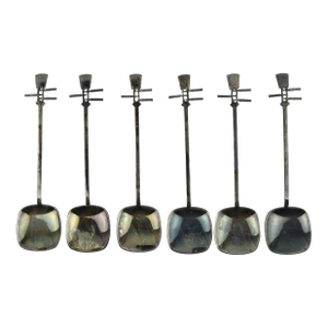 Early 20th Century 950 Sterling Silver Shamisen Japanese Instrument Design Demitasse Tea Spoons Set in Box- 6 Pieces