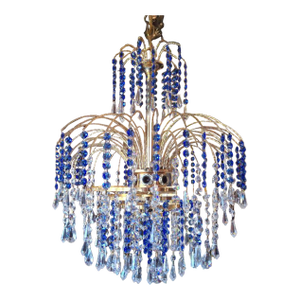 1960's Hollywood Regency Sapphire Blue & Clear Cut Austrian Crystal Gold Waterfall Tiered Chandelier Attrib. Palwa