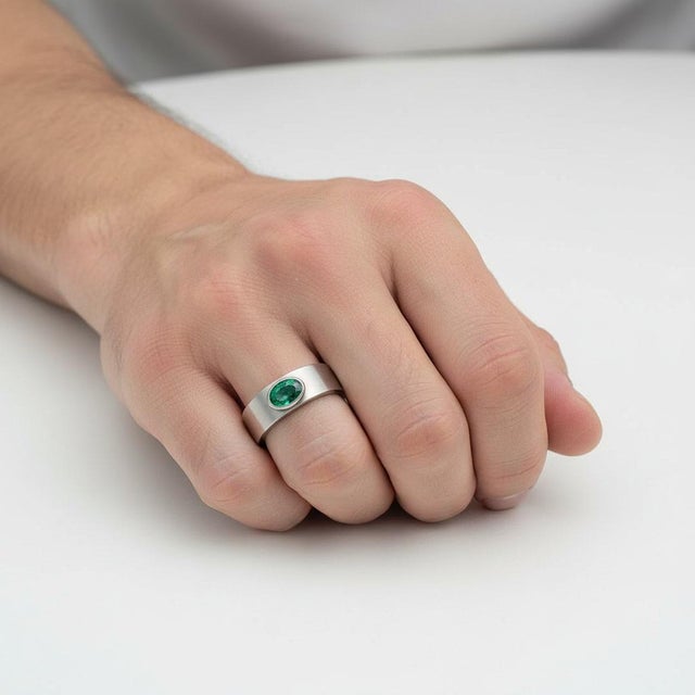 Green Bezel Set Oval Emerald Wide Matte Band Silver, Gold, Size 10 For Sale - Image 8 of 8