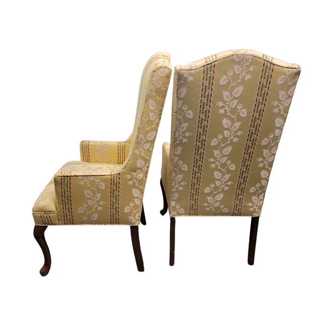 2000 - 2009 Petite Vintage Queen Anne High-Back Wingback Chairs for Small Spaces in Butter Yellow Floral Stripe – A Pair For Sale - Image 5 of 6