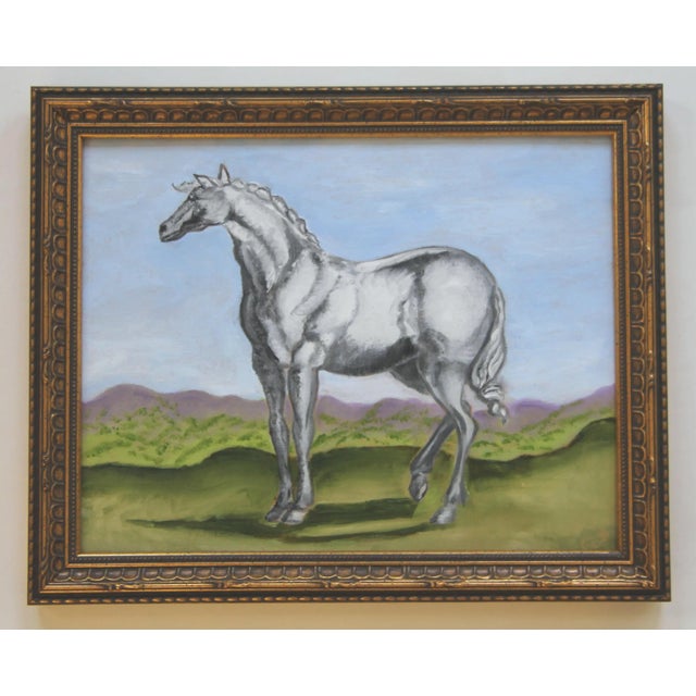 Realism Horse With Landscape English Traditional Folk Art, Realism Brown, Blue, Green Original Oil Painting by Cleo Plowden For Sale - Image 3 of 3