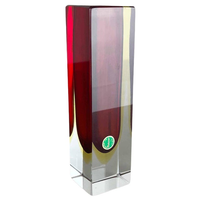 Large Red Murano Glass Sommerso Cube Vase attributed to Flavio Poli, Italy, 1970s For Sale