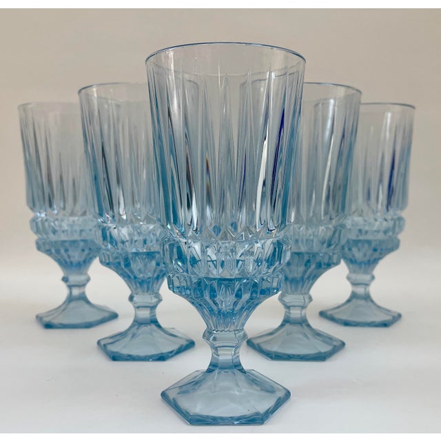 English Paris Blue Vintage Water Stemmed Goblets - Set of 5 For Sale - Image 3 of 8