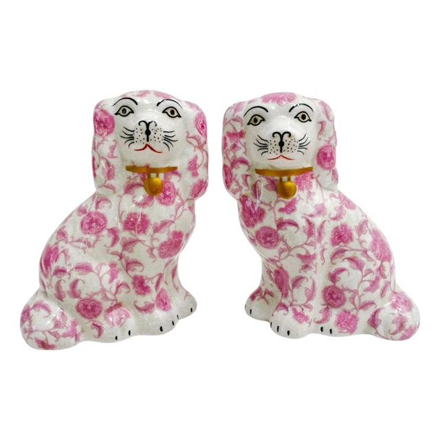 Pink Floral Petite Staffordshire Style Spaniel Dog Figurines - A Pair For Sale
