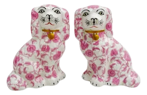 Pink Floral Petite Staffordshire Style Spaniel Dog Figurines - A Pair