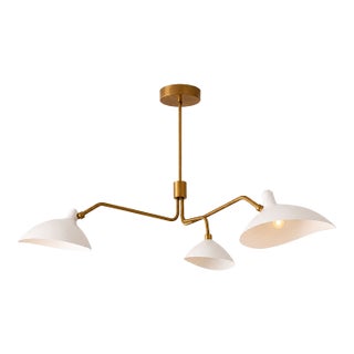 Sculptural Three-Light Brass Chandelier With White Domed Shades For Sale