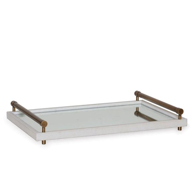 Elegant Port 68 Cairo mirrored tray featuring a cream faux-shagreen wrapped frame, reflective mirrored surface, and...