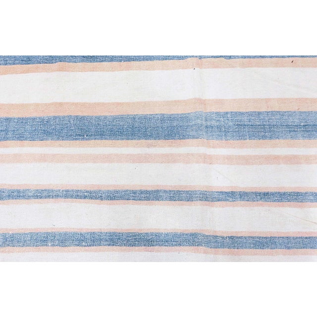 Vintage Indian Dhurrie striped blue beige rug. Size: 14'5" × 14'4" (439 × 436 cm) A breezy celebration of color, pattern,...
