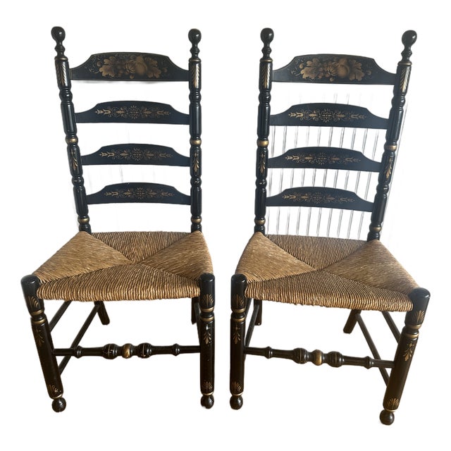 Pair Hitchcock Ladderback Chairs With Rush Seats For Sale