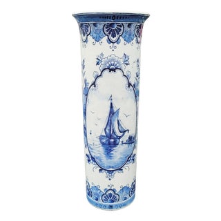 Vintage Hand-Painted Dutch Delft Blue Sailing Ship Vase, 1950s For Sale
