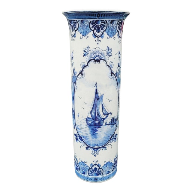 Vintage Hand-Painted Dutch Delft Blue Sailing Ship Vase, 1950s For Sale