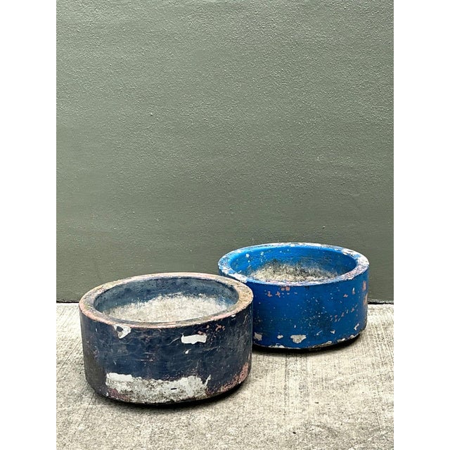 Vintage Distressed Painted Cement Planters - Set of 2 For Sale - Image 4 of 16