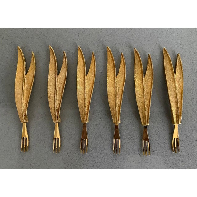 Vintage 24Kt Gold-Plated Cocktail Forks With Leaf Handles- Set of 6 For Sale - Image 10 of 10