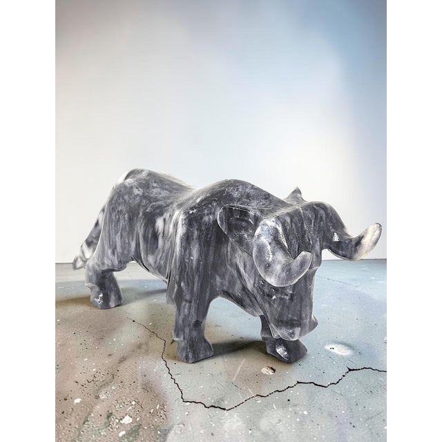 Vintage Hand Carved Marble Bull Sculpture | Black & White Stone Bull Figurine | Ranch Western Decor | Onyx Animal Statue For Sale In Dallas - Image 6 of 9