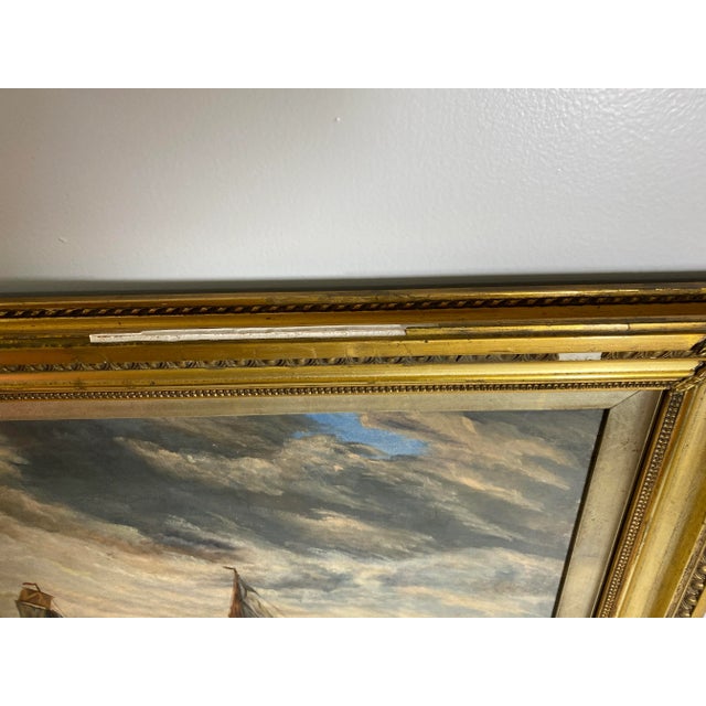 Wood Antique Seascape Oil Painting With Lemon Gold Frame For Sale - Image 7 of 13