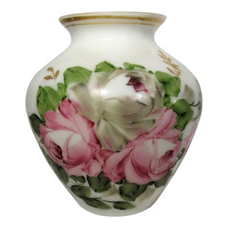 Mid 20th Century Mid-Century Milk Glass Handpainted Victorian Rose Bowl Vase For Sale