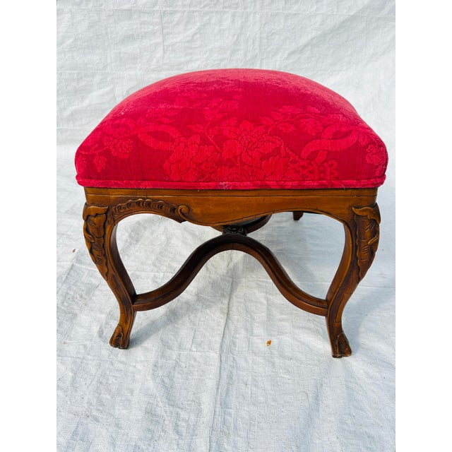 French Provincial 90's Vintage French Style Red Upholstery Footstool For Sale - Image 3 of 8