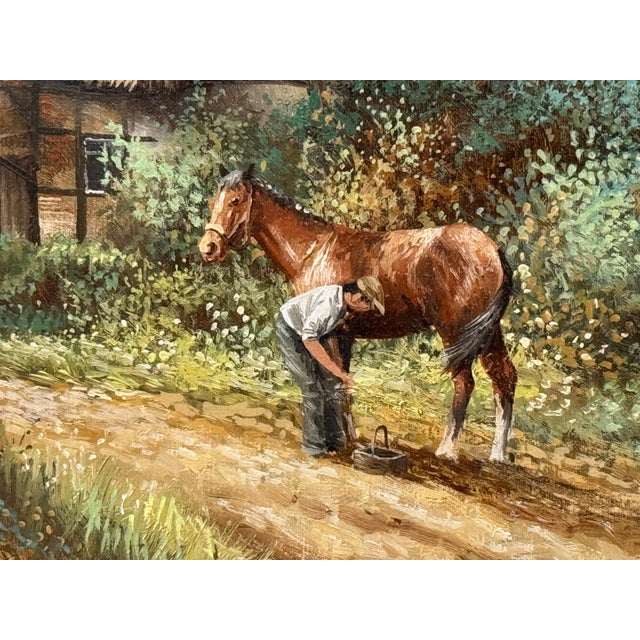 Rural Scene with Horses, Farm Workers & Thatched Cottage in English Countryside 1980 Circa For Sale - Image 16 of 16