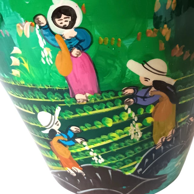 Vintage Mexican Folk Art Vase Handpainted Terracotta Colorful Green Blue Red Glossy 8" X 7" For Sale - Image 15 of 15