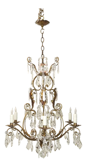 1940s Venetian Brass and Crystal Chandelier 6 Arm Italian Chandelier