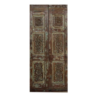 Vintage Wooden Double Door Floral Carved Closet Pantry Door - a Pair For Sale