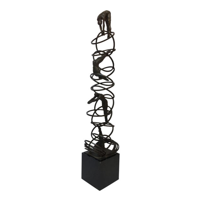 Brutalist Modern Iron Divers on Marble Stand Sculpture For Sale