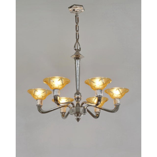Verreries des Hanots A large 1930 French art deco chandelier in nickel plated bronze or solid brass holding six shades in...