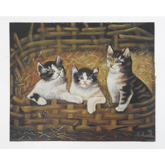 1904 Folk Art Cats Kittens in Basket Painting For Sale - Image 4 of 7