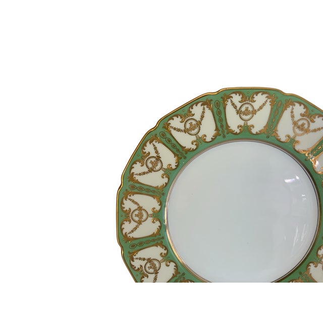 Antique Royal Doulton Robert Allen Dinner Plates Mint Green Gold Gilt 10” Set of 12 (Dated 1916/1925) For Sale In Palm Springs - Image 6 of 12