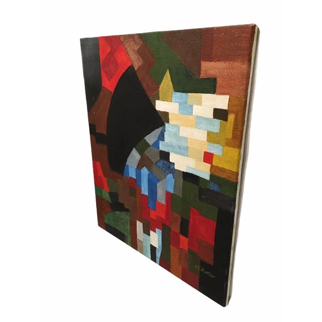 Abstract Vintage Abstract Geometric Oil Painting on Canvas For Sale - Image 3 of 10
