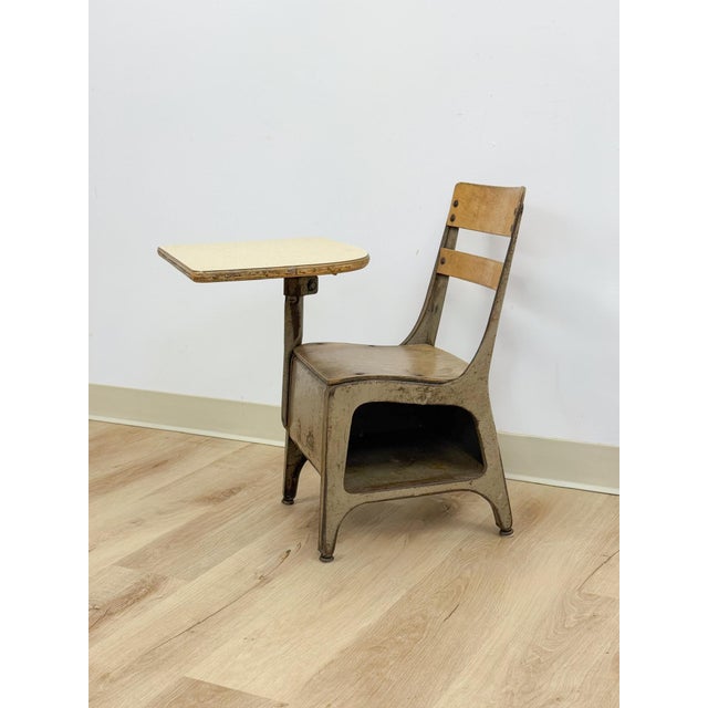 Mid-Century Modern Antique Industrial Kids School Desk Adjustable Vintage Cast Iron Wood For Sale - Image 3 of 16