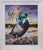 This artwork features a whimsical mallard duck adorned with a blue bow tie, poised atop a rock amidst a serene pond filled...