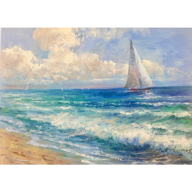 Wood Coastal Sailboat Seascape Clouds — Original Oil Painting by Matt Thomas For Sale - Image 7 of 7