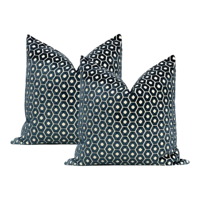 20" Navy Blue Paloma Cut Velvet Pillows - a Pair For Sale