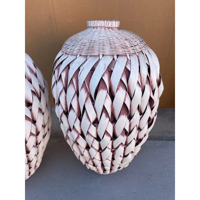 Late 20th Century Pair of 2 Woven Palm/Rattan Urn Shape Basket Vase's For Sale - Image 5 of 7