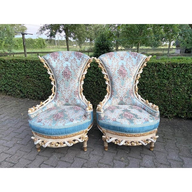 1970 Louis XVI White Beech Turquoise Lounge Chairs-Pair For Sale - Image 12 of 12
