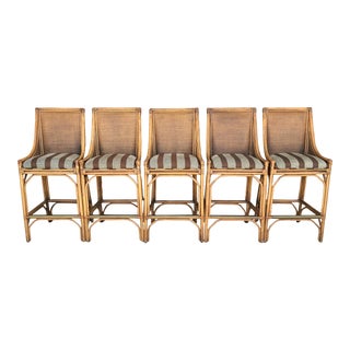 Mid-Century Modern Boho Chic Ficks Reed Style Bamboo Wicker Rattan Barstools - Set of 5 For Sale