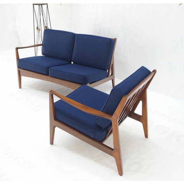 Danish Mid-Century Modern New Upholstery Walnut Frames Sofa & Chair Set Mint! For Sale - Image 14 of 15