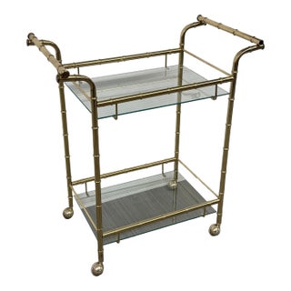 Hollywood Regency Double Handle Brass Bar Cart For Sale