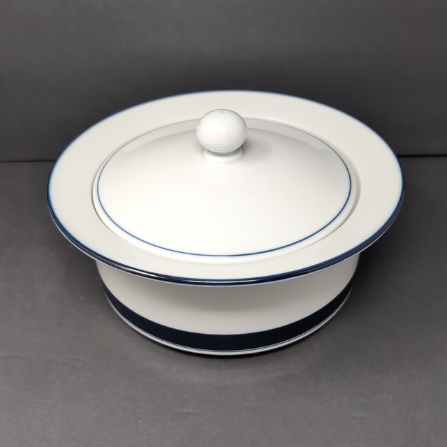 Dansk Concerto Allegro Blue Covered Casserole 6 c = 1.5 Quarts Wide Band Base Japan Tiny mark in glaze on knob of lid. No...