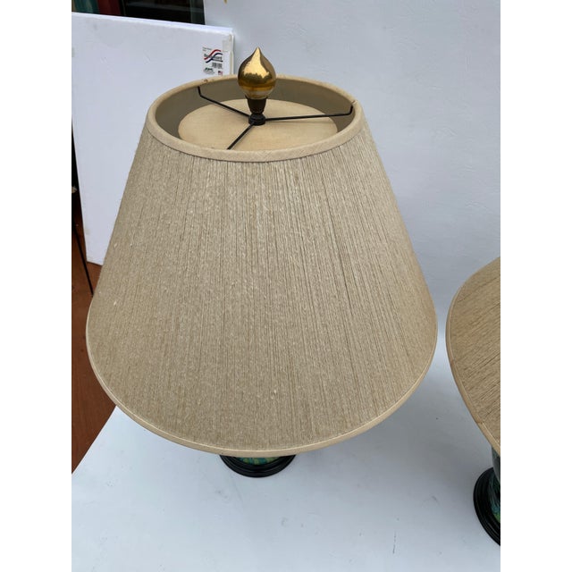 Wood 1900s Large Porcelain Floral Temple or Ginger Jar Lamps With Shades - A Pair - For Sale - Image 7 of 10