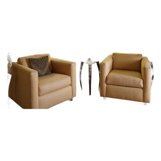 Pair of Contemporary Linen Upholstered Cubic Club Chairs For Sale