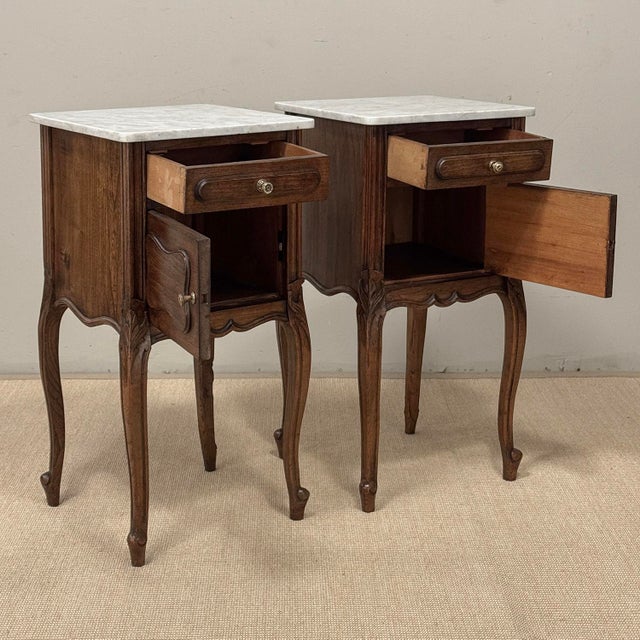 Pair of Antique French Louis XV Oak Nightstands With Carrara Marble For Sale - Image 13 of 18