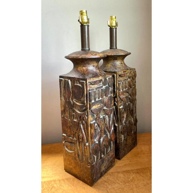 Vintage Abstract Carved Ceramic Lamps - A Pair For Sale - Image 13 of 13