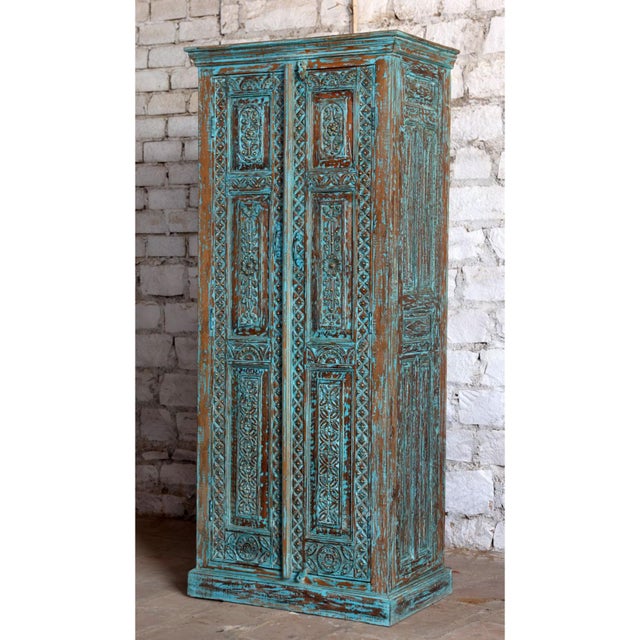 1920s Antique Blue Floral Carved Armoire With Brass Stud Accents – Handcrafted Vintage Storage Cabinet 83x36 For Sale - Image 5 of 7