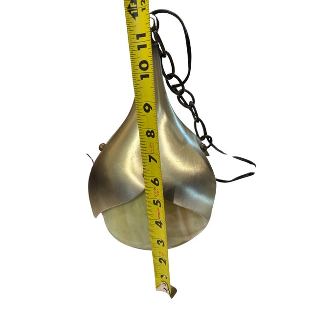 Mid 20th Century Mid Century Modern Slag Glass & Aluminum 1-Light Pendant, Ca. 1940 Swag Lotus Tulip Pendant Light Fixture For Sale - Image 5 of 10