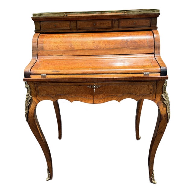 1970s French Louis XV Style Burl Wood Cylinder Roll Top Writing Desk With Brass Gallery and Ormolu Mounts For Sale