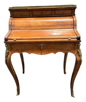1970s French Louis XV Style Burl Wood Cylinder Roll Top Writing Desk With Brass Gallery and Ormolu Mounts