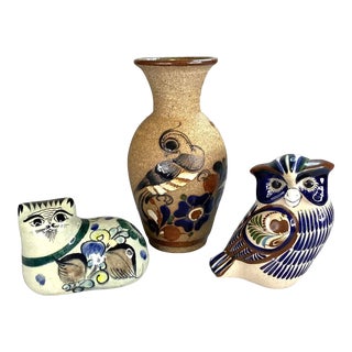 Vintage Tonala Pottery Mexican Folk Art Vase, Owl, and Cat Signed - 3 Piece Lot For Sale